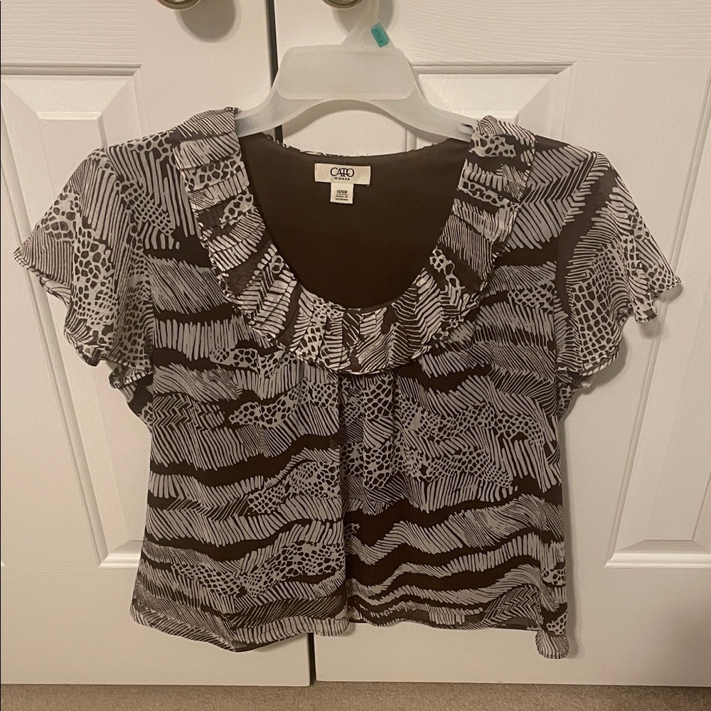 Cato Women's Brown Animal Print Ruffled Blouse 14/16W (Like New)